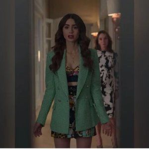 AS SEEN ON EMILY IN PARIS ZARA TWEED HOUNDSTOOTH DOUBLE BREASTED BLAZER